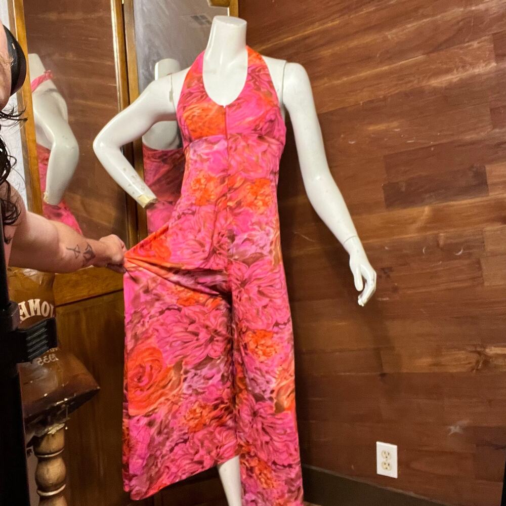 VINTAGE 70s Vanity Fair Halter Jumpsuit Size 2 Jacket 2 Piece Floral Wide Leg